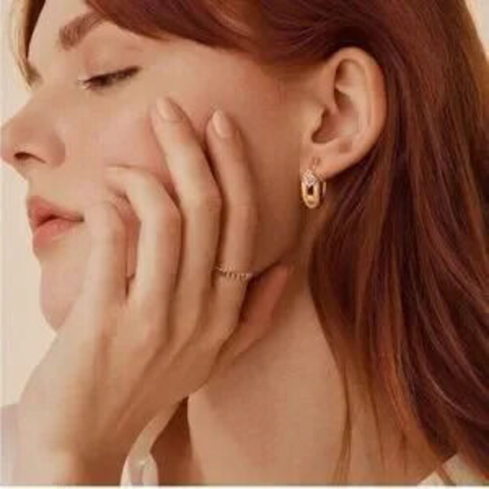 GOLD 14k Gold Plated Cubic Zirconia Hoop Earrings Gift Minimalist - Picture 3 of 4